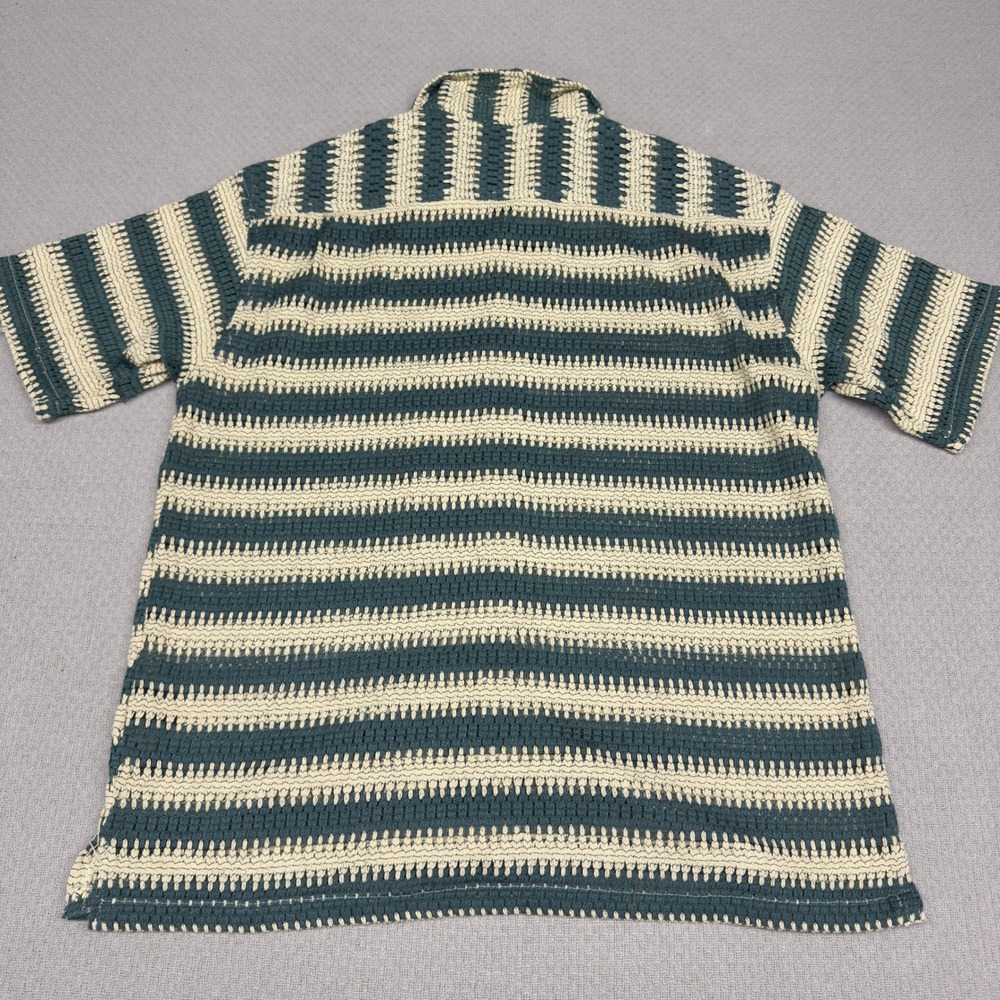 Massive Luxury Mens Green Cream Striped Open Knit Crochet Camp Shirt Medium - Picture 2 of 9